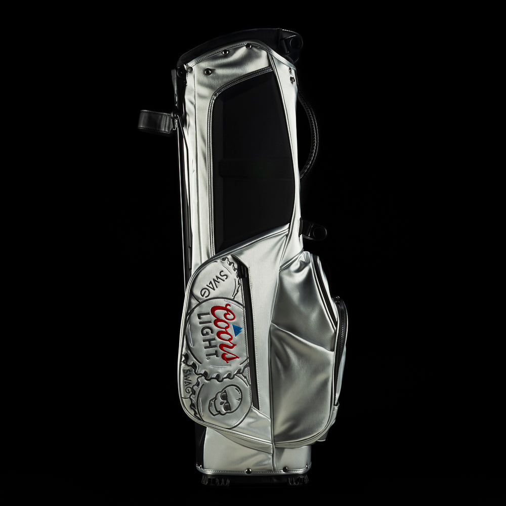 Coors Light golf stand bag with stacked bottle cap design.