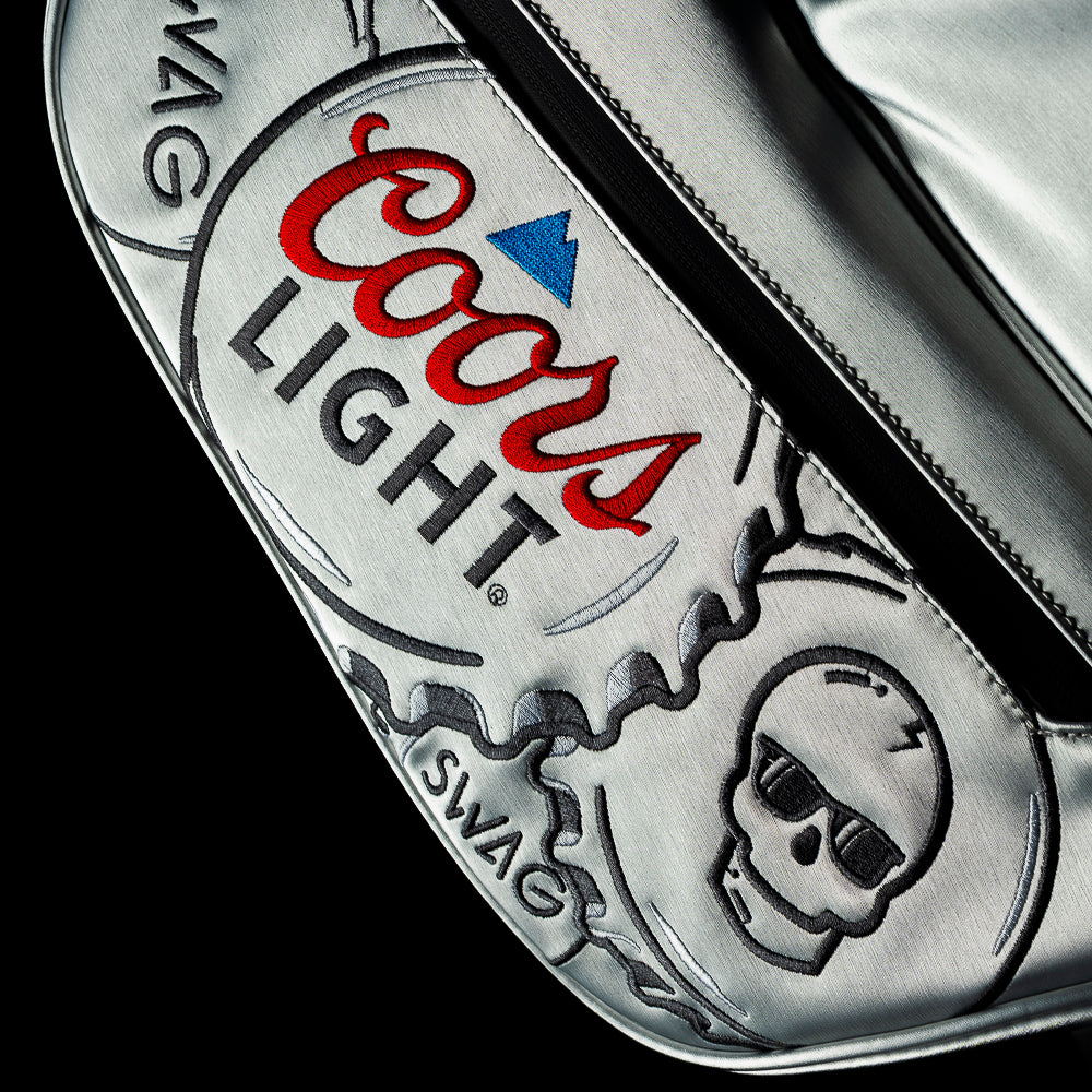 Coors Light golf stand bag with stacked bottle cap design.