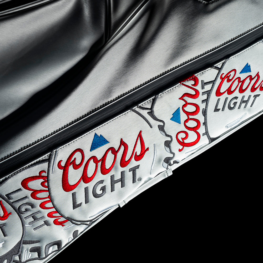 Coors Light golf stand bag with stacked bottle cap design.