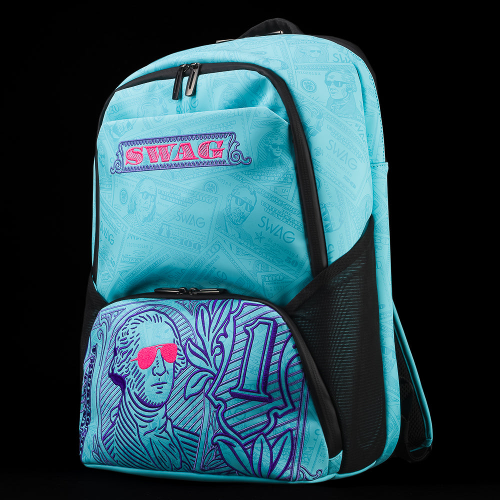 Aqua George currency inspired limited edition backpack with SWAG branding.
