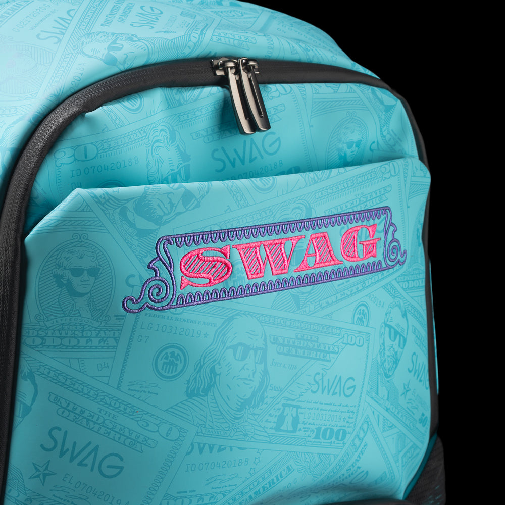 Aqua George currency inspired limited edition backpack with SWAG branding.