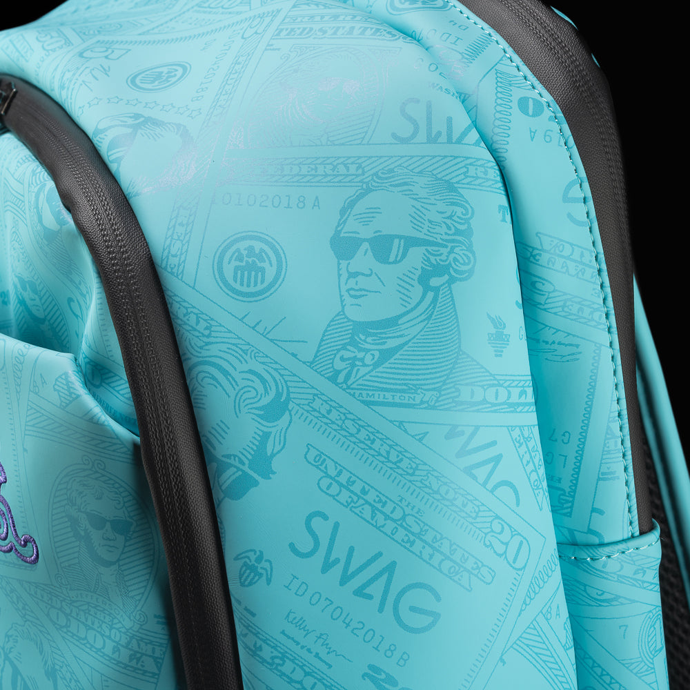 Aqua George currency inspired limited edition backpack with SWAG branding.