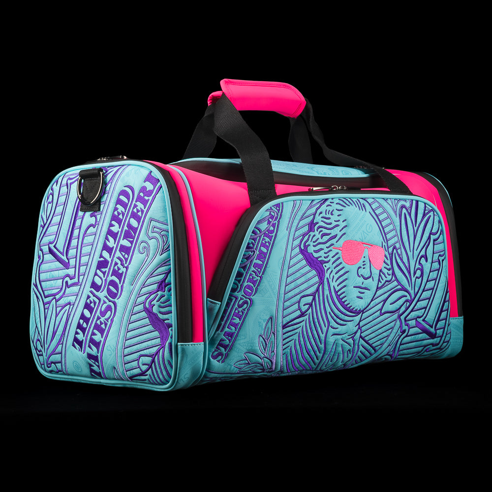 Bubblegum George aqua and neon pink duffel bag accessory with embroidered currency pattern.