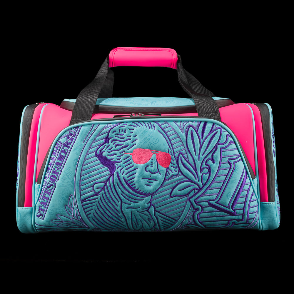 Bubblegum George aqua and neon pink duffel bag accessory with embroidered currency pattern.