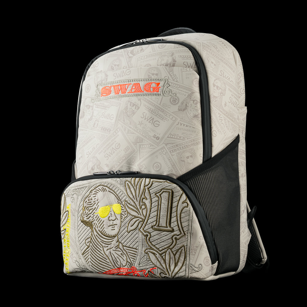 Cream currency themed backpack with 'SWAG' text and George washington embroidered details.