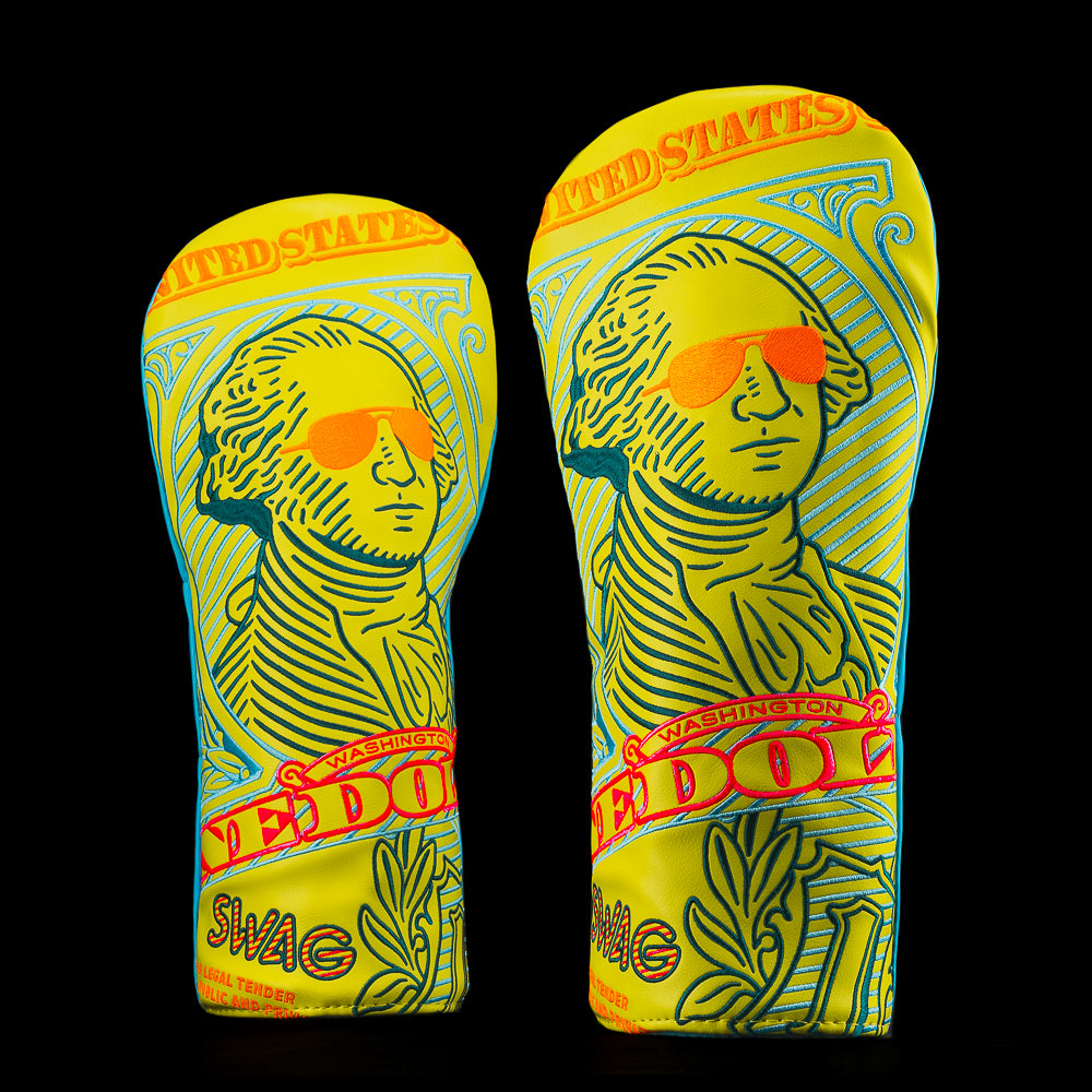 SWAG Golf Island Vibes Gigantic George dollar bill design yellow and blue driver golf headcover.