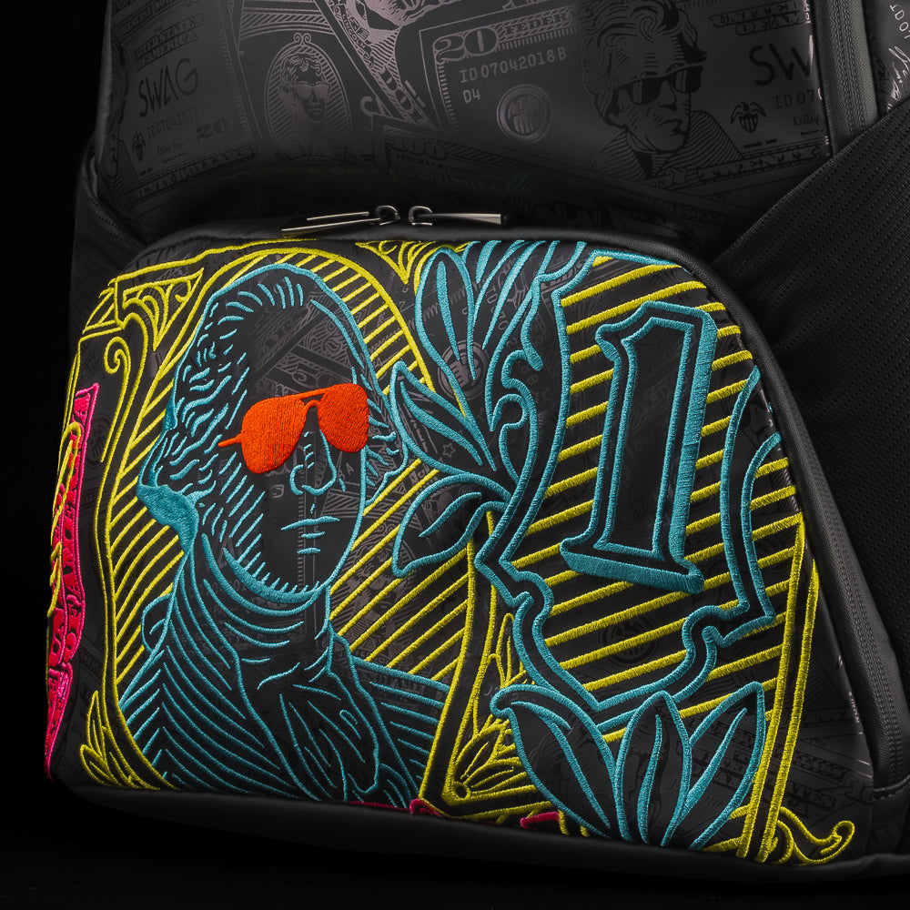 Black backpack with colorful George Washington currency inspired design and SWAG text.