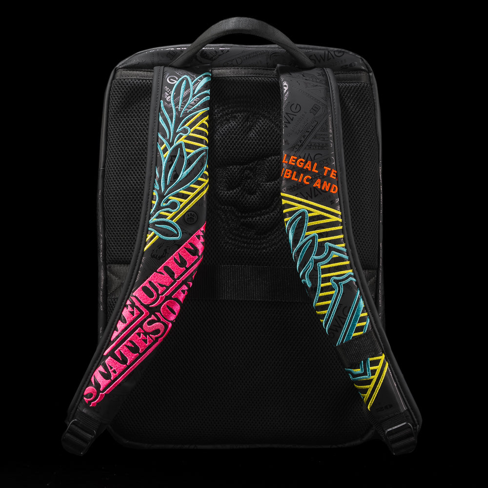 Black backpack with colorful George Washington currency inspired design and SWAG text.