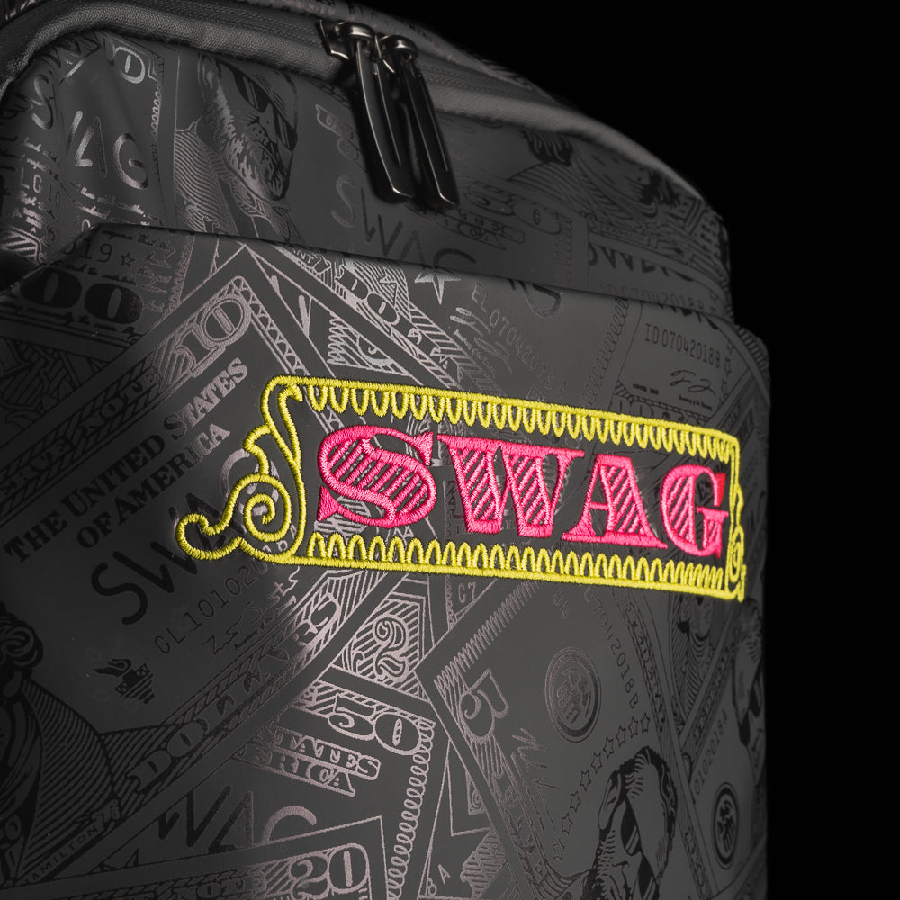 Black backpack with colorful George Washington currency inspired design and SWAG text.