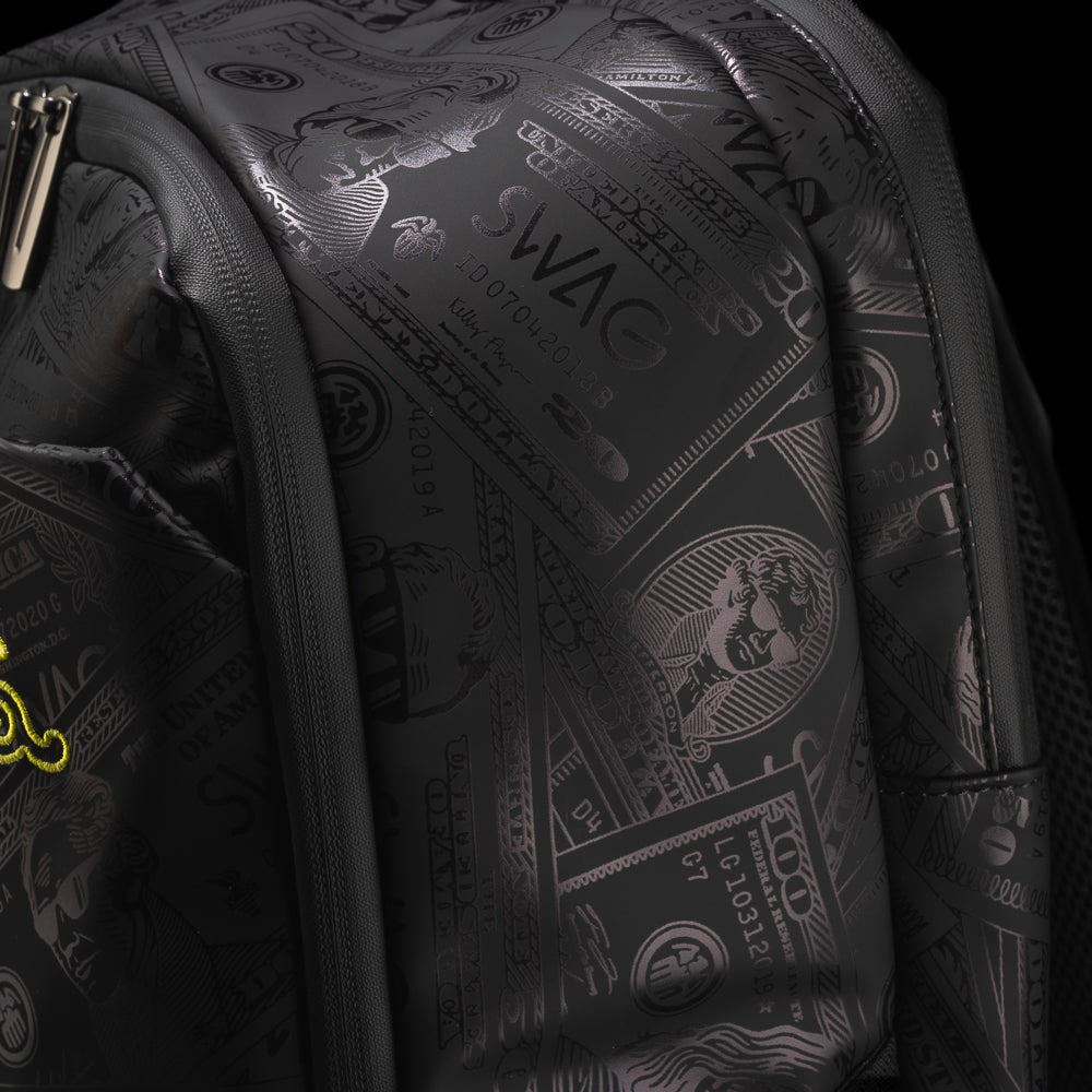 Black backpack with colorful George Washington currency inspired design and SWAG text.