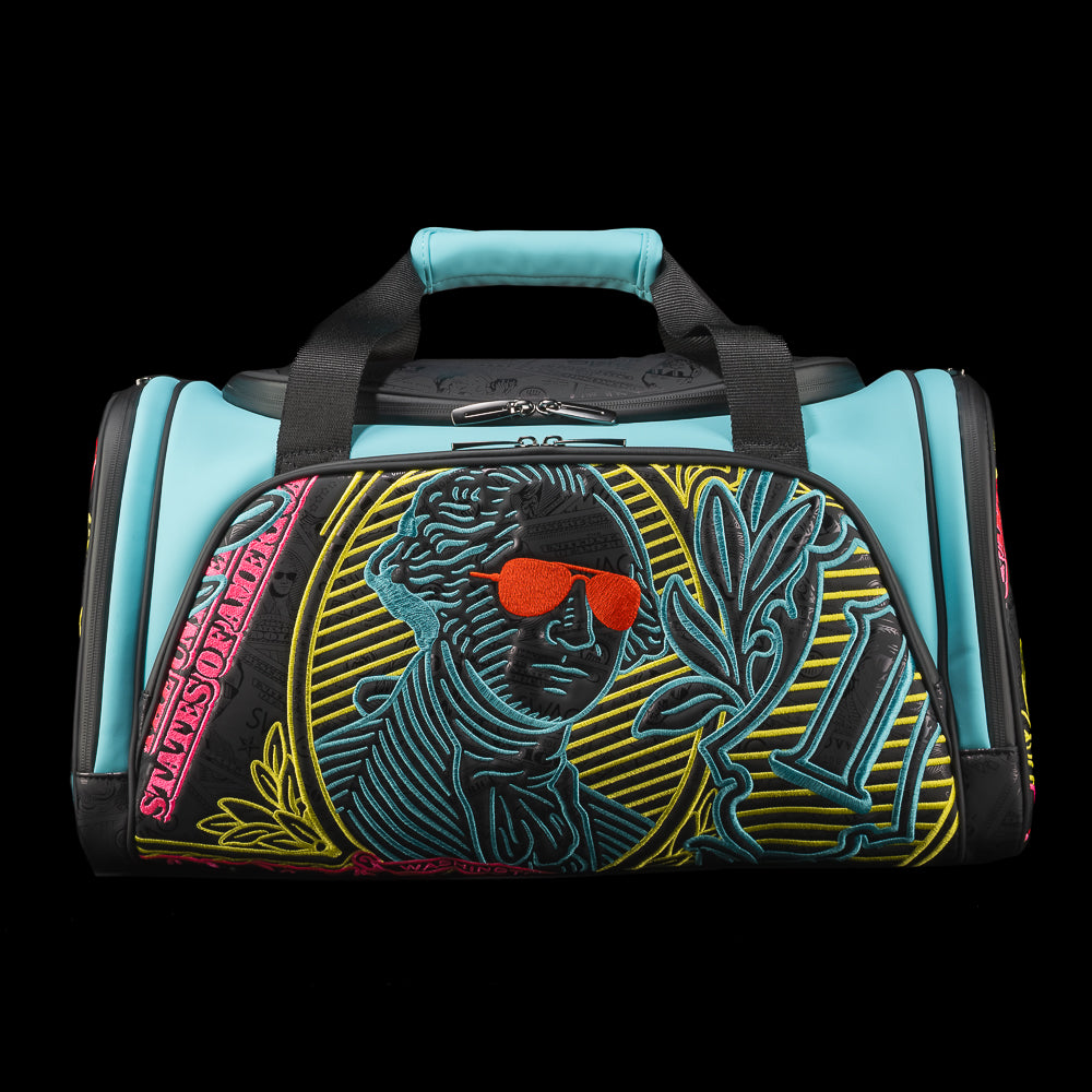 SWAG Golf core collection Island Vibes aqua, pink, and yellow George Washington duffel bag.