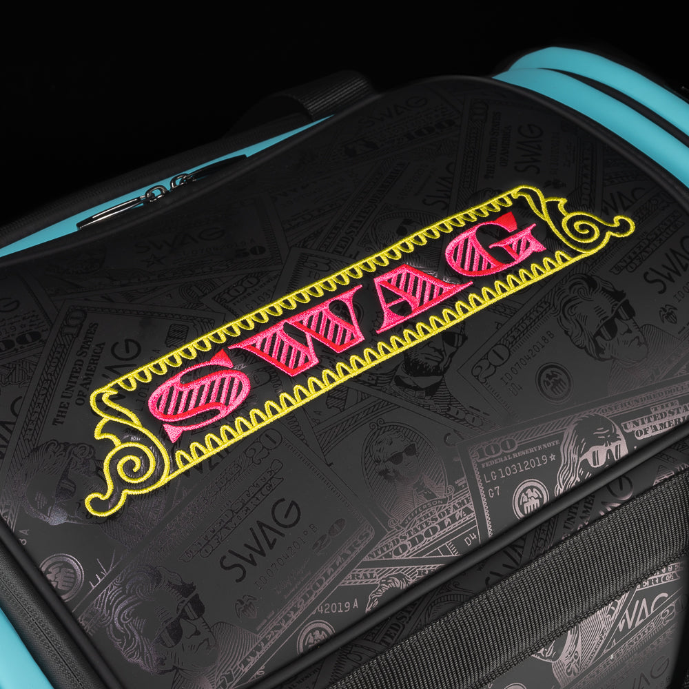 SWAG Golf core collection Island Vibes aqua, pink, and yellow George Washington duffel bag.