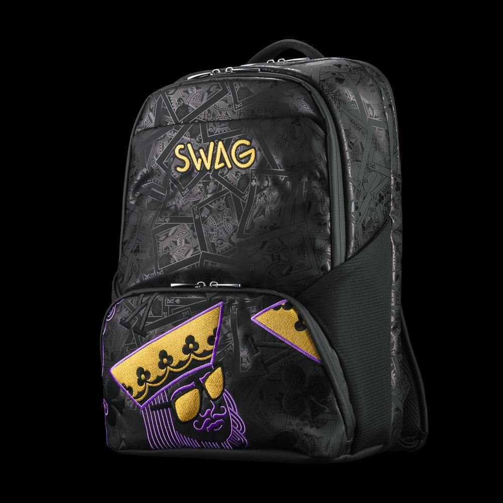 SWAG Golf black backpack with 'SWAG' text and Poker King purple and gold details.