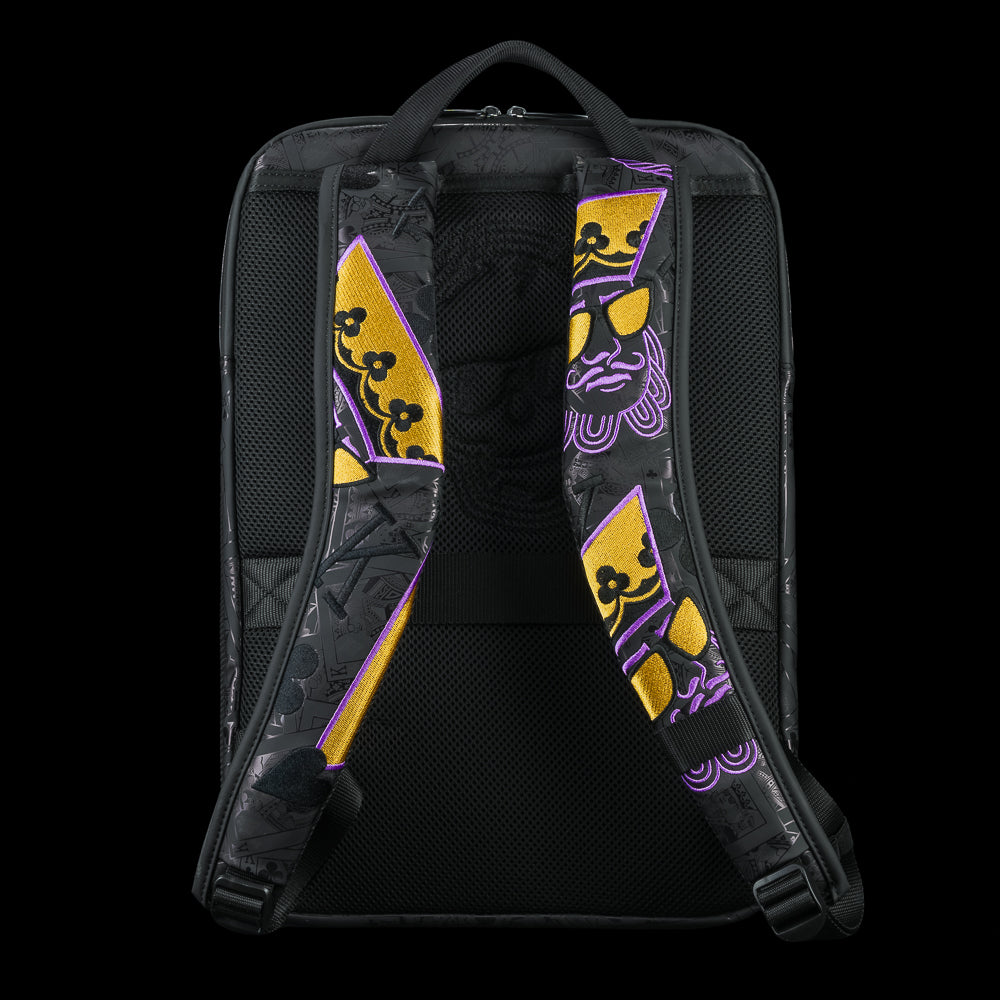 SWAG Golf black backpack with 'SWAG' text and Poker King purple and gold details.