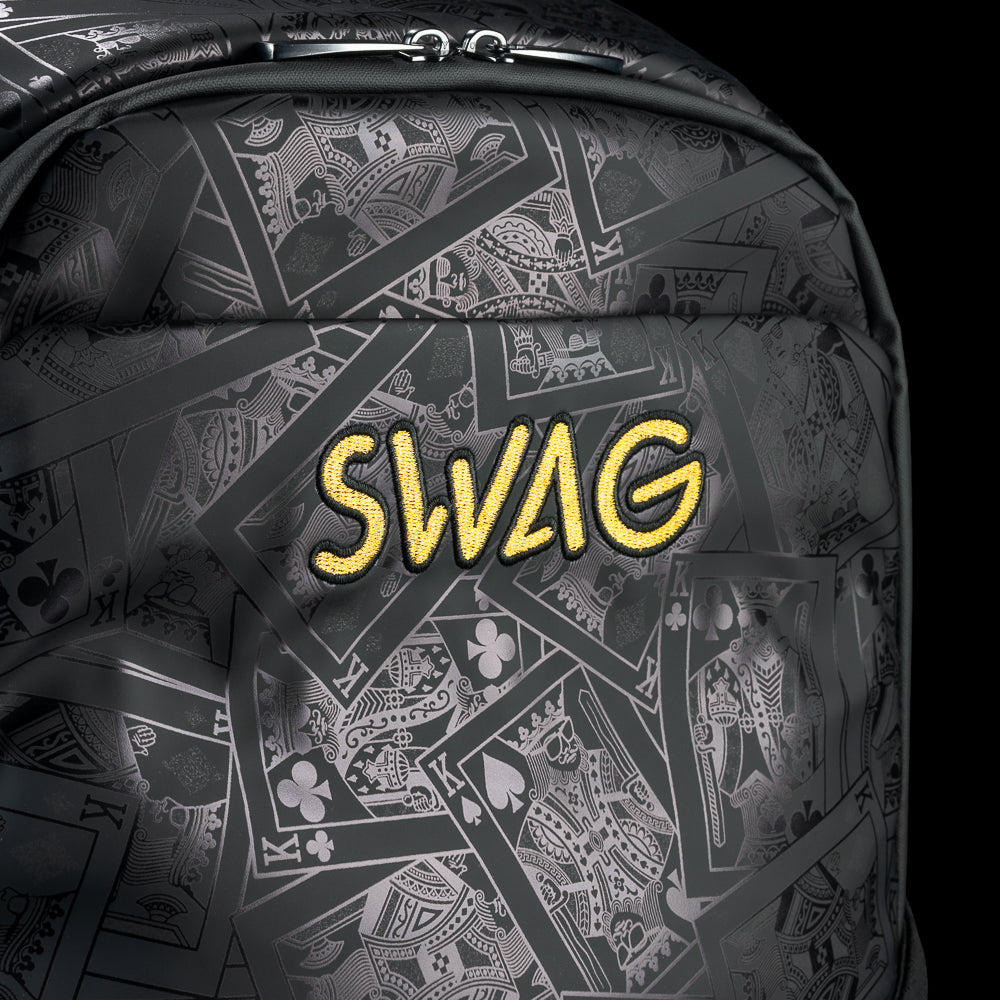 SWAG Golf black backpack with 'SWAG' text and Poker King purple and gold details.