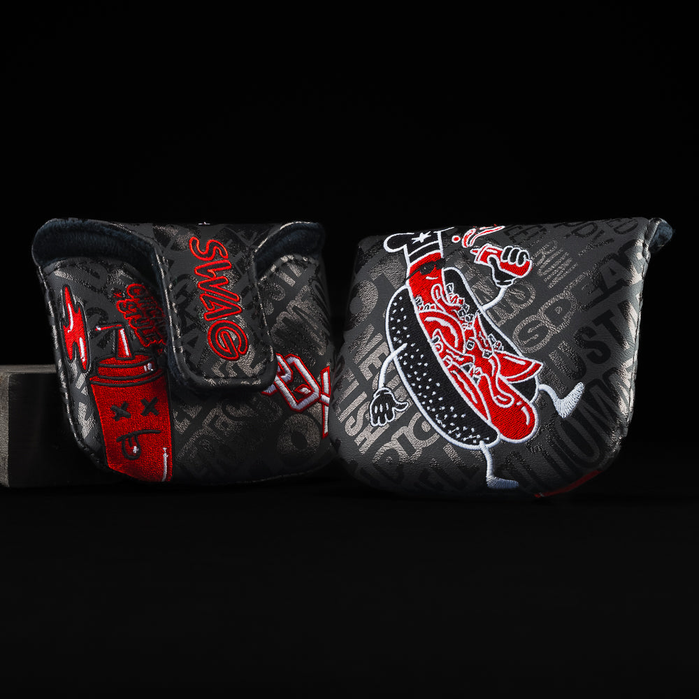 Chicago Sox White Chicago Dog black, red and white mallet putter golf club head cover made in the USA.