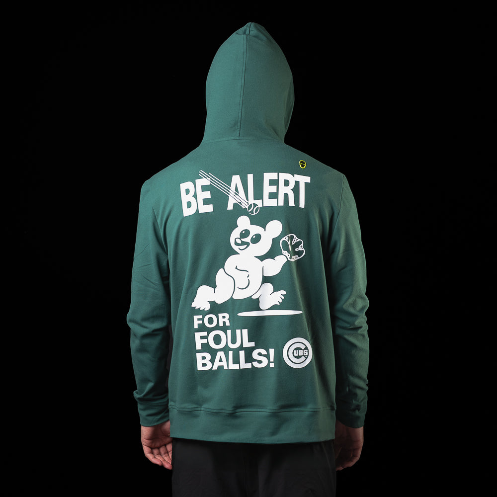 Back view of the Chicago Cubs Be Alert For Foul Balls Lounge Hoodie featuring bold foul ball warning graphics and Cubs details.