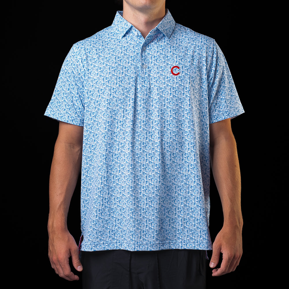 SWAG Golf Chicago Cubs Beer Pattern Classic Polo Shirt in light blue with an all-over beer pattern and embroidered Cubs logo.