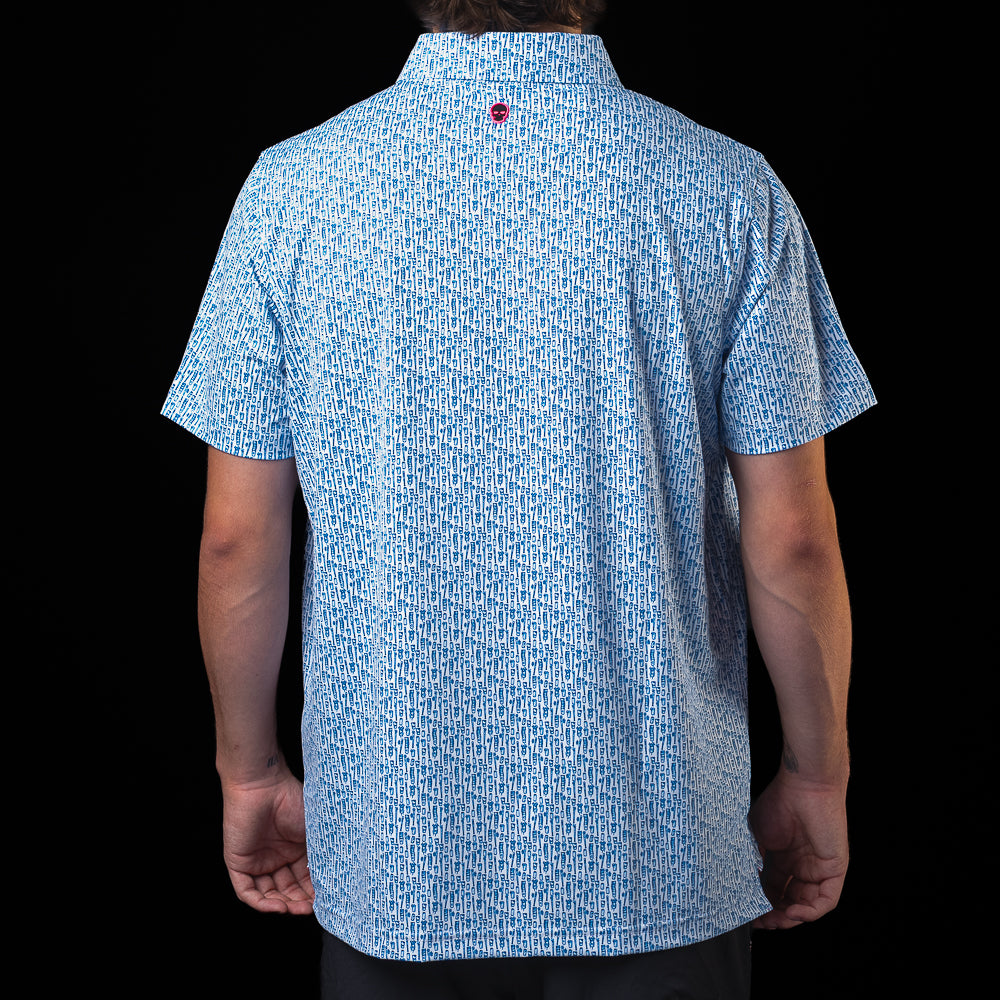Back view of the Chicago Cubs Beer Pattern Classic Polo Shirt featuring an all-over blue beer pattern.