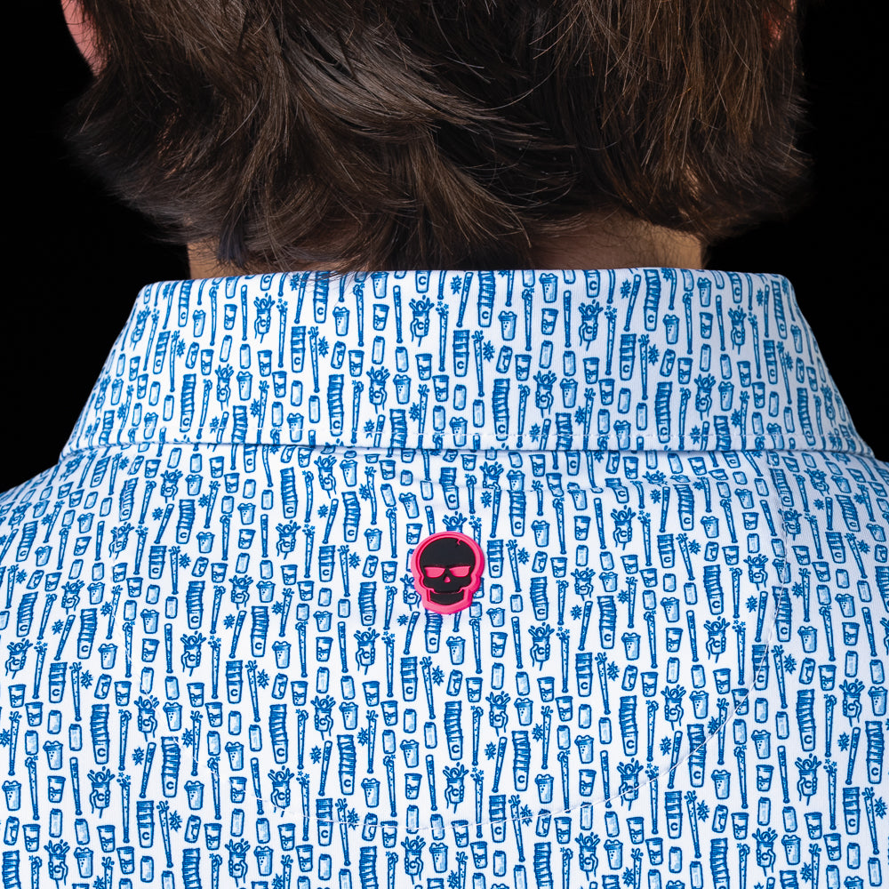 Close-up of the Chicago Cubs Beer Pattern Classic Polo Shirt collar with blue beer graphics and Pink SWAG logo detail.