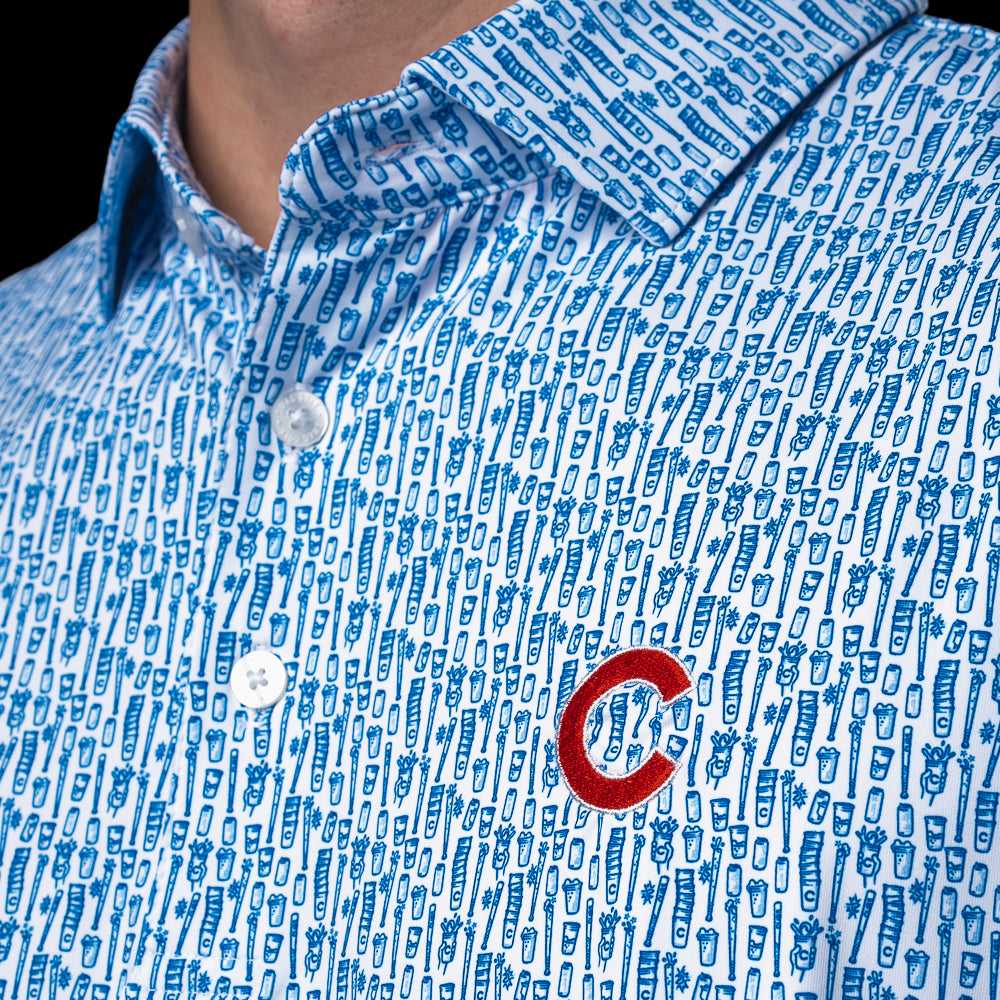 Close-up of the Chicago Cubs Beer Pattern Classic Polo Shirt with button collar, blue beer pattern, and embroidered Cubs chest logo.