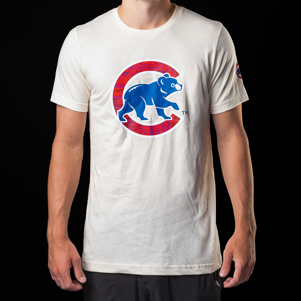 SWAG Golf Chicago Cubs Game 7 Scorecard T-Shirt in cream with a large vintage Cubs bear logo on the front.