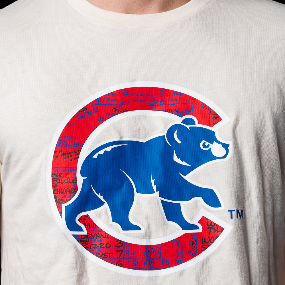 Close-up of the vintage Chicago Cubs bear logo on the front of the Game 7 Scorecard T-Shirt.
