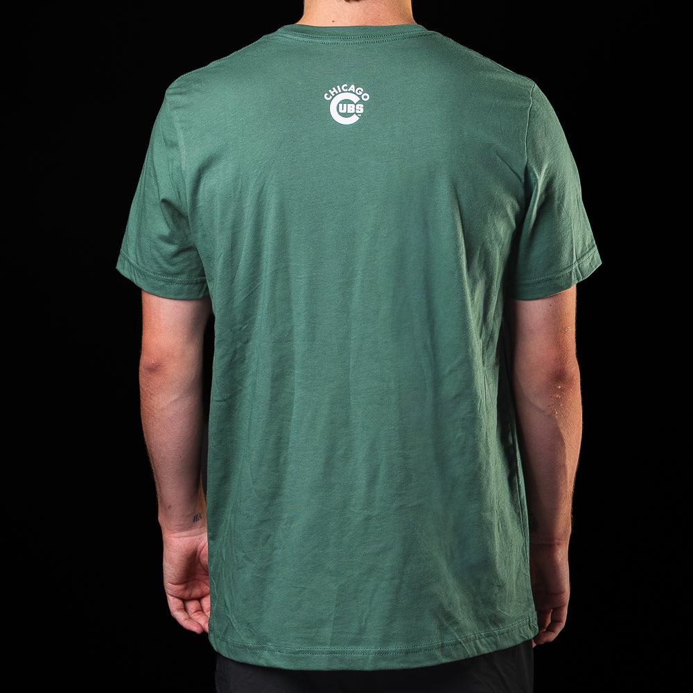 Back view of the green Chicago Cubs Scoreboard T-Shirt with small Cubs logo below the neckline.