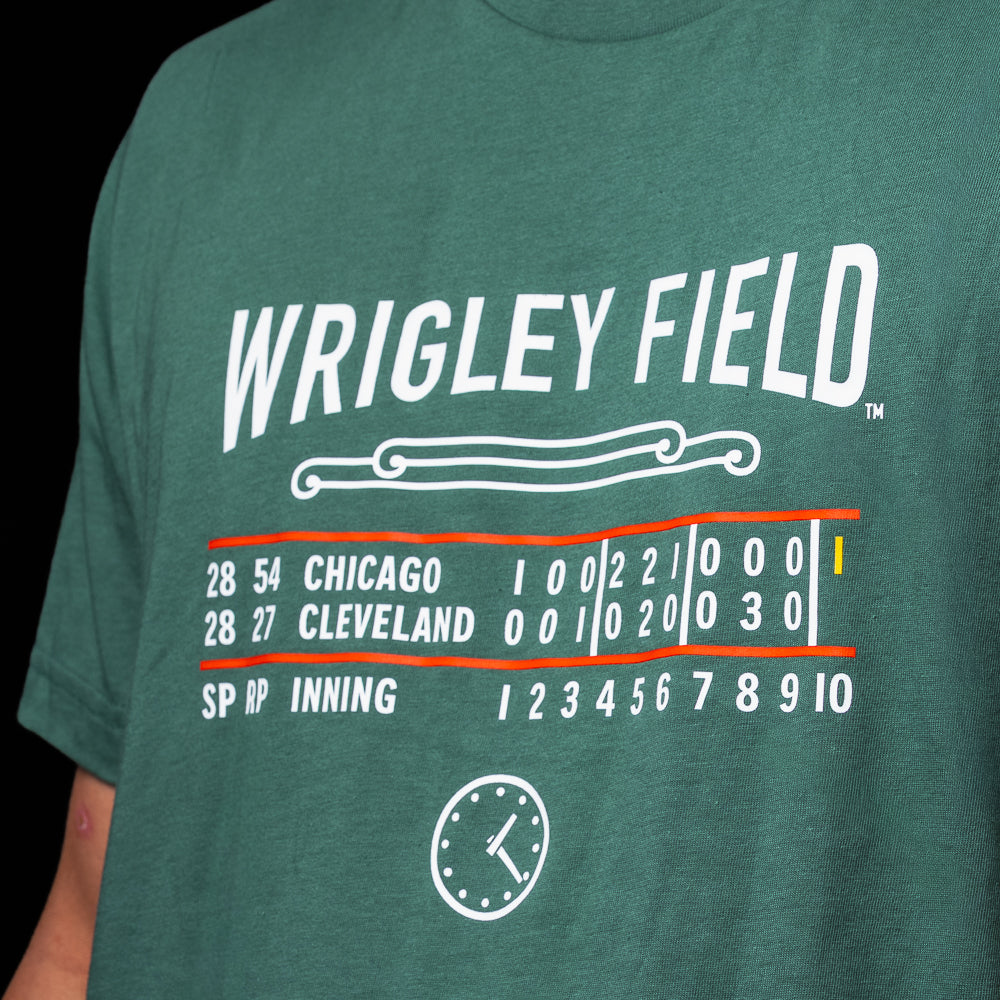 Close-up of the Wrigley Field scoreboard graphic on the Chicago Cubs Scoreboard T-Shirt.