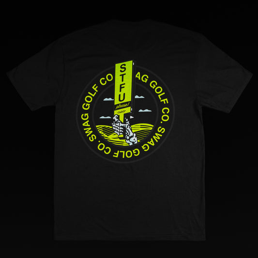 Black STFU t-shirt with neon yellow skull caddie.