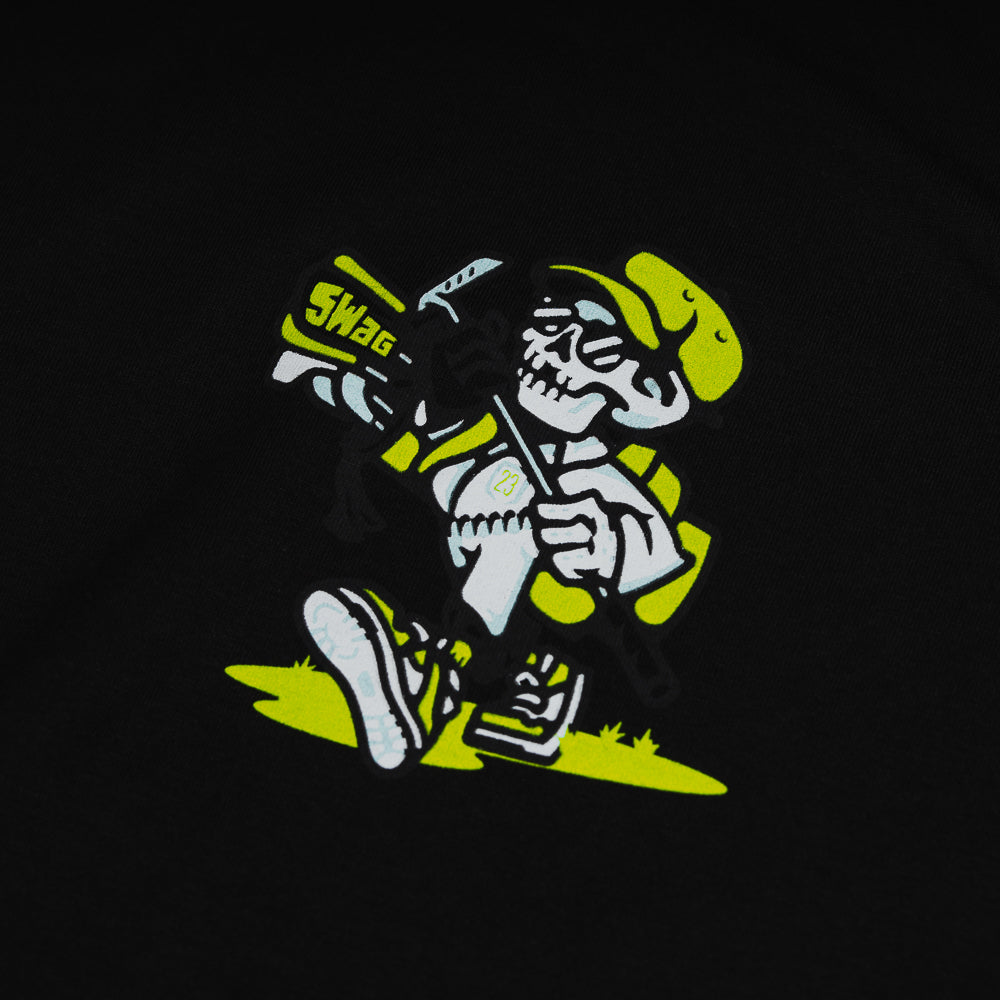 Black STFU t-shirt with neon yellow skull caddie.