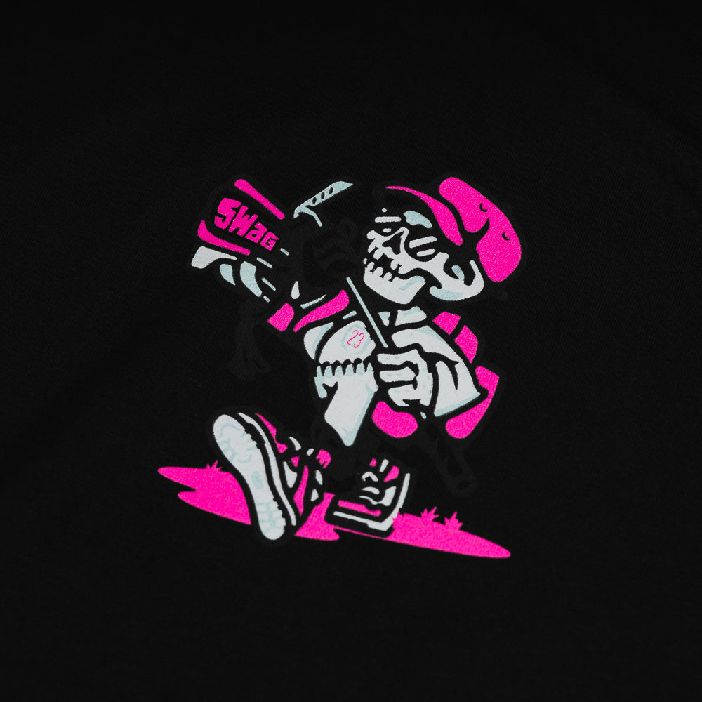Black STFU t-shirt with neon pink skull caddie.