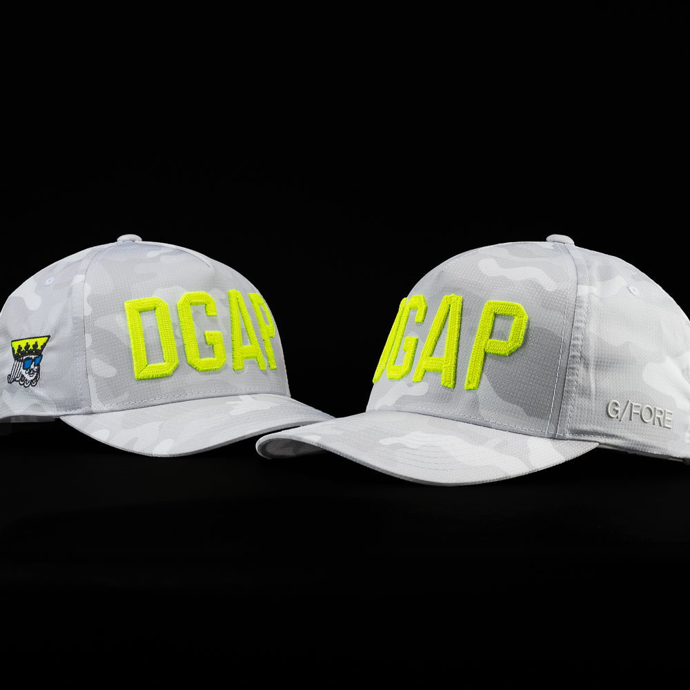 SWAG Golf x G/Fore grey camo print performance golf hat with DGAP letters and a King of Swag on the side.