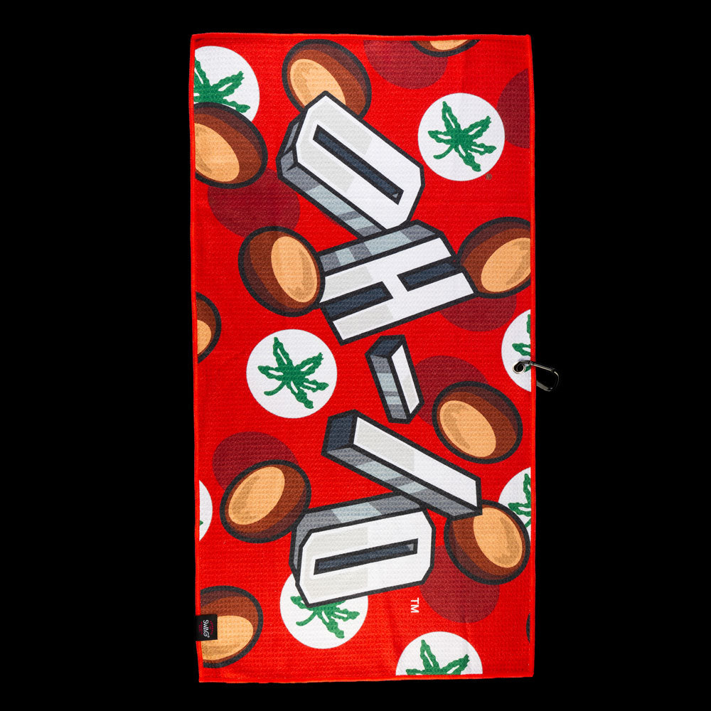 SWAG Golf Ohio State University OH-IO Golf Towel featuring bold OH-IO lettering, buckeye illustrations and scarlet, gray and white details.