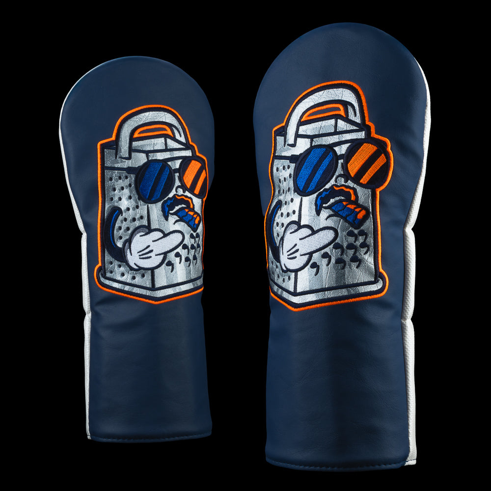 SWAG Golf Da Grate-est blue, white, and and orange driver golf headcover with a Ditka cheese grater character.