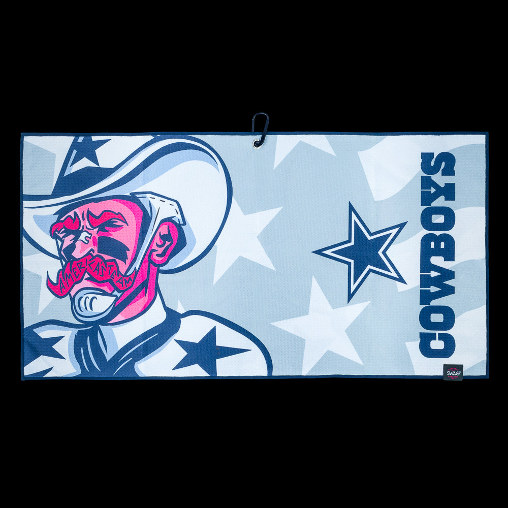 Golf towel with a Dallas Cowboys graphic and 'Cowboys' text on a blue background