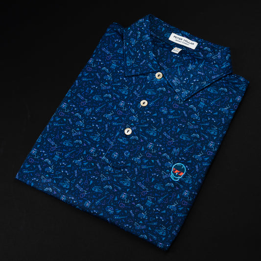 Swag x Peter Millar men's blue short sleeve performance golf polo shirt.