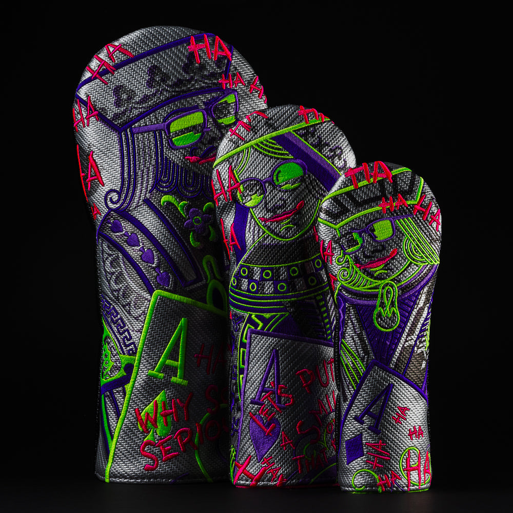 Defaced blackjack gray, purple, green and pink golf wood headcover set, made in the USA.