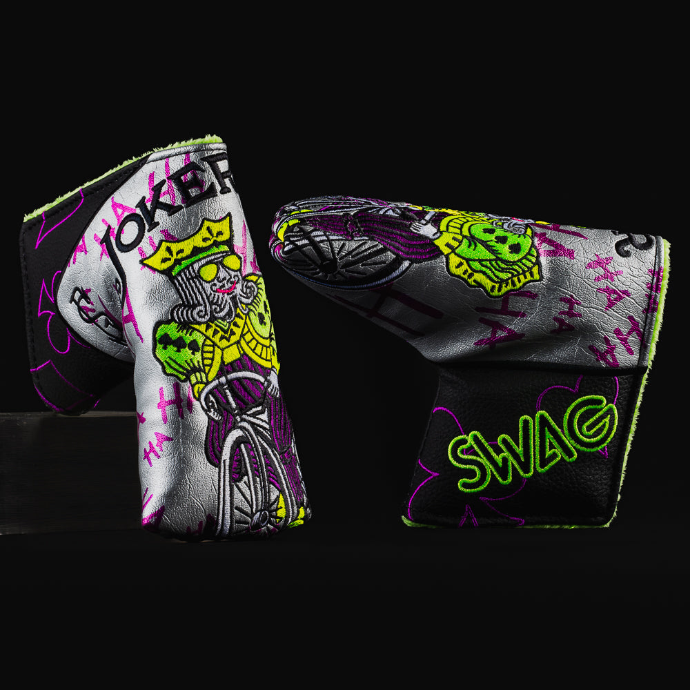 Defaced Bicycle Joker King silver, black, green and purple blade putter golf head cover made in the USA.