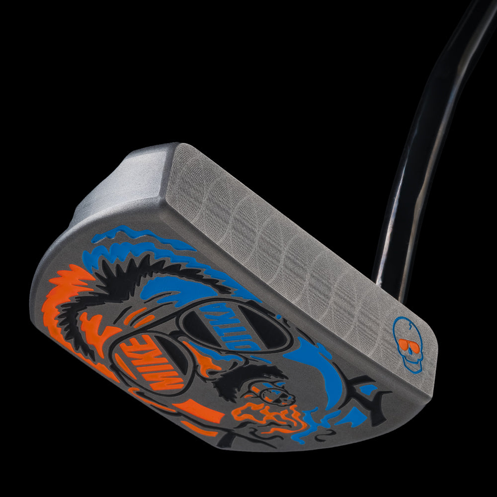 SWAG Golf x Mike Ditka Da Boss 2.0 limited edition black oxide mid-mallet golf putter made in the USA. Featuring Mike smoking a cigar with Chicago Bears orange and blue colors.