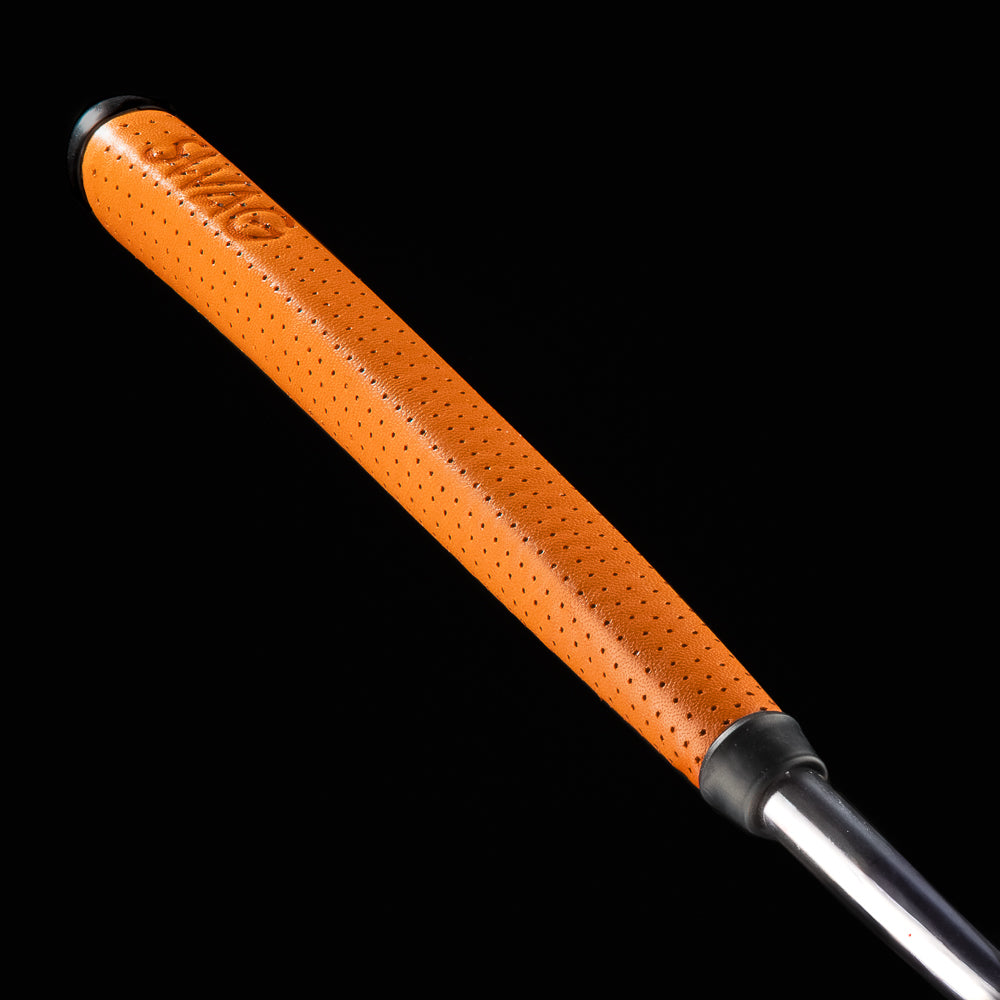 SWAG Golf x Mike Ditka Da Boss 2.0 limited edition black oxide mid-mallet golf putter made in the USA. Featuring Mike smoking a cigar with Chicago Bears orange and blue colors.