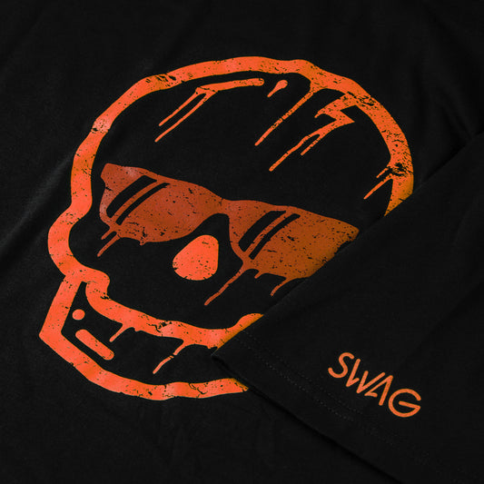 Black T-Shirt with OrangeDripping Skull on the front and Swag on the left sleeve in orange.