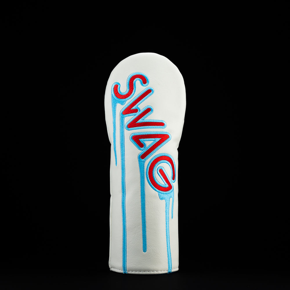 SWAG Golf white, red, and blue dripping wordmark fairway wood golf headcover made in the USA.