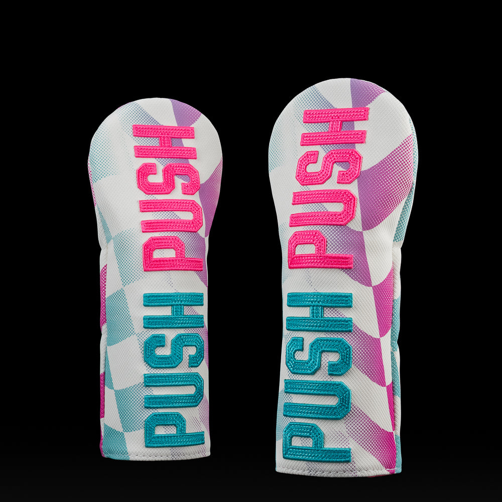 Fairway headcover with mint and pink checkered gradient and vertical “Push Push” text inspired by racing radio calls.