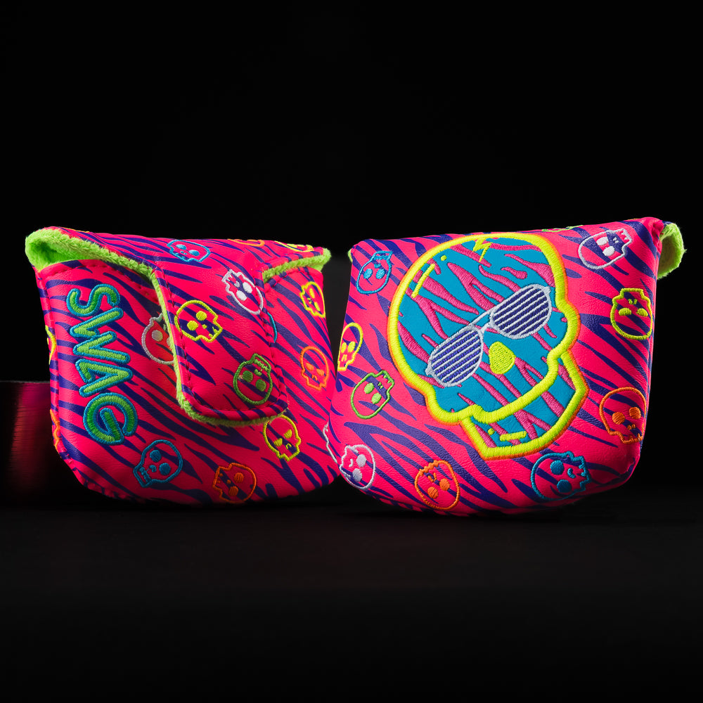 Neon Poolside Skull in neon pink, yellow, orange, green and blue mallet golf club head cover made in the USA.