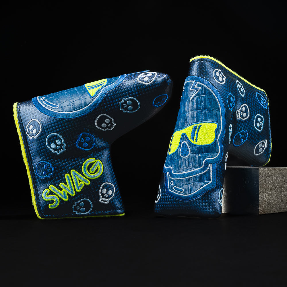 Faux Blue Skull with yellow and light blue blade golf club headcover.