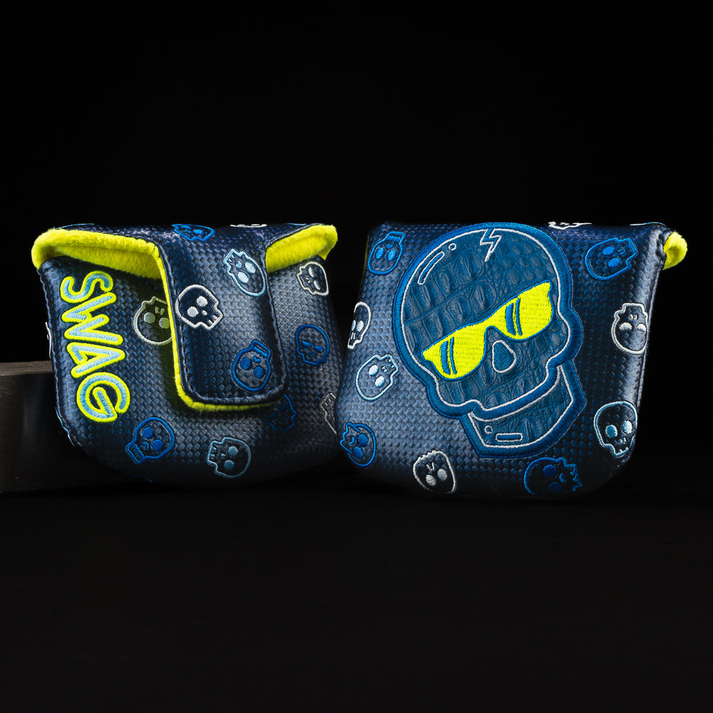 Exotic Blue Skull with lime and yellow mallet golf headcover.