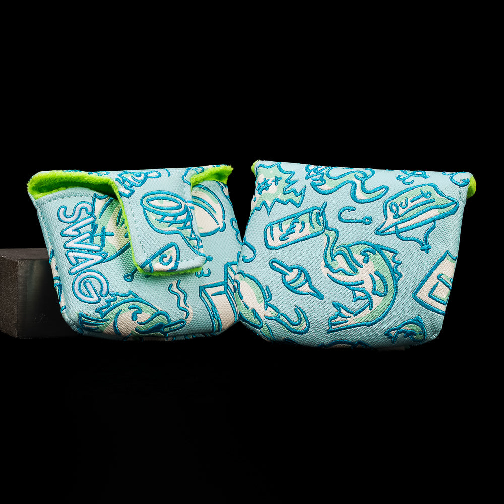 SWAG Golf Gone Fishin’ Mallet Cover featuring fishing-themed polo graphics with fish, hooks, bait, and beer icons.