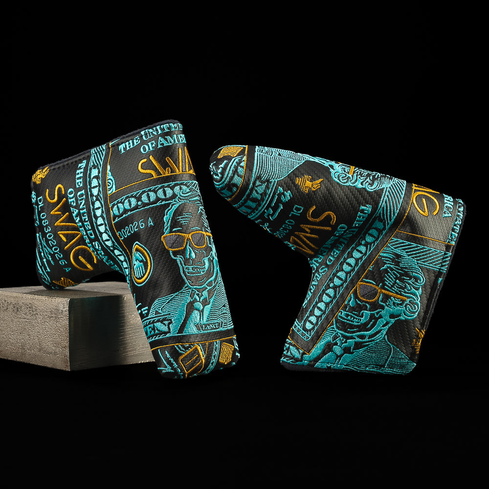 SWAG Golf Lance $10 million dollar bill themed golf blade headcover with teal and orange embroidery on black uv-resistant material.