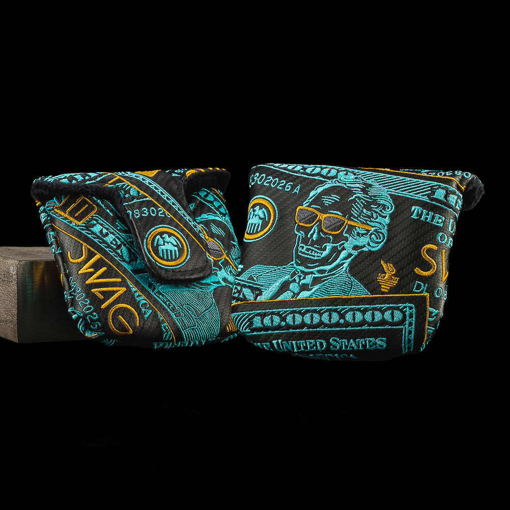 SWAG Golf Lance $10 million dollar bill themed golf mallet headcover with teal and orange embroidery on black uv-resistant material.